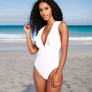 NWT Shade & Shore White Deep V Neck Flounce 1-Piece Swimsuit Crisscross Size M